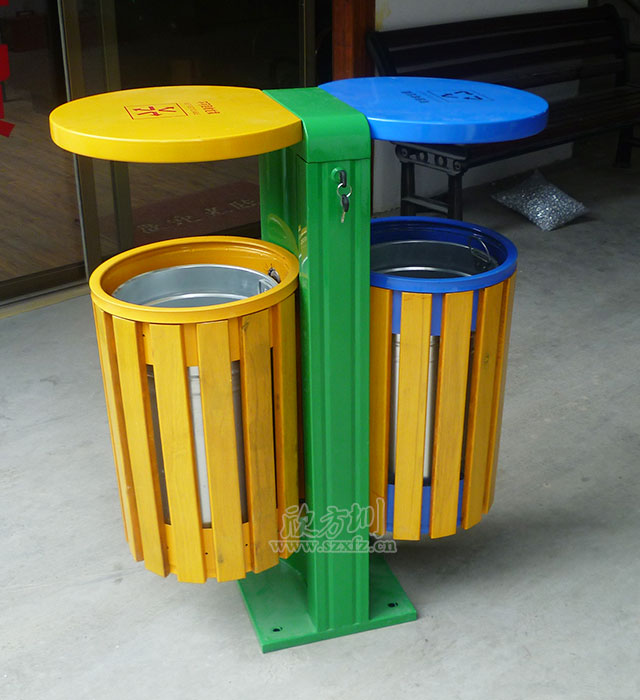 圓形鋼木分類垃圾桶圖片